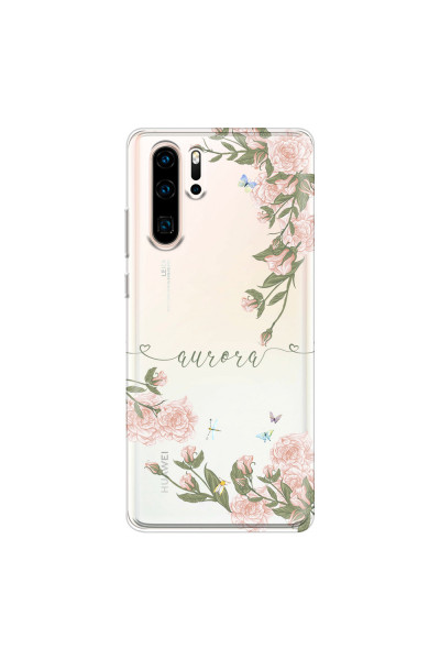 HUAWEI - P30 Pro - Soft Clear Case - Pink Rose Garden with Monogram Green