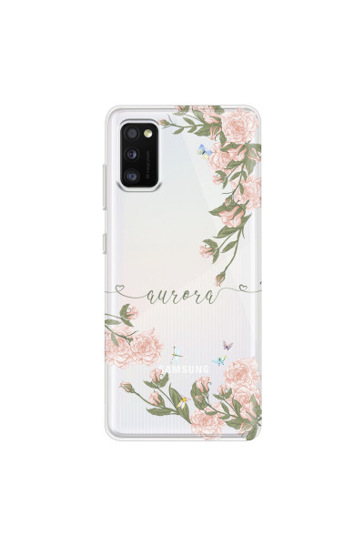 SAMSUNG - Galaxy A41 - Soft Clear Case - Pink Rose Garden with Monogram Green
