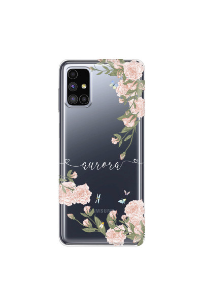 SAMSUNG - Galaxy M51 - Soft Clear Case - Pink Rose Garden with Monogram White