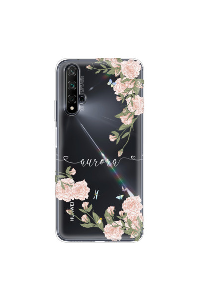 HUAWEI - Nova 5T - Soft Clear Case - Pink Rose Garden with Monogram White
