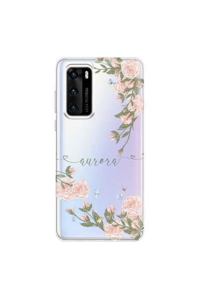 HUAWEI - P40 - Soft Clear Case - Pink Rose Garden with Monogram Green
