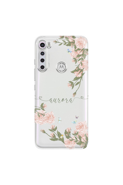 MOTOROLA by LENOVO - Moto One Fusion Plus - Soft Clear Case - Pink Rose Garden with Monogram Green