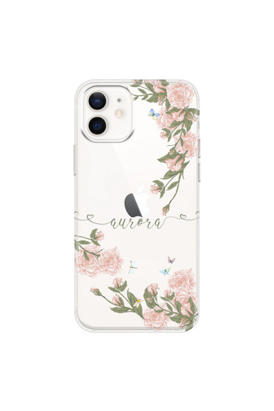APPLE - iPhone 12 - Soft Clear Case - Pink Rose Garden with Monogram Green