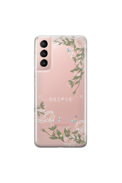 SAMSUNG - Galaxy S21 - Soft Clear Case - Pink Rose Garden with Monogram White