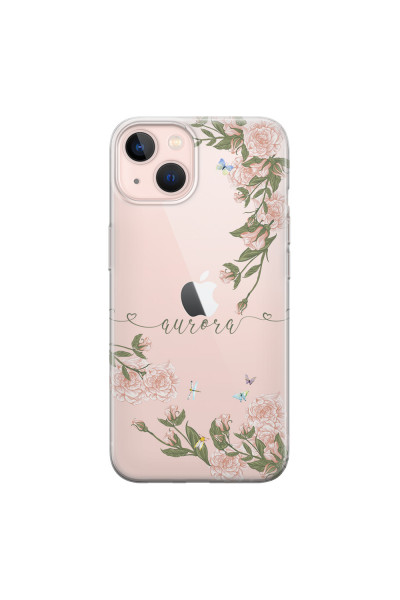 APPLE - iPhone 13 Mini - Soft Clear Case - Pink Rose Garden with Monogram Green