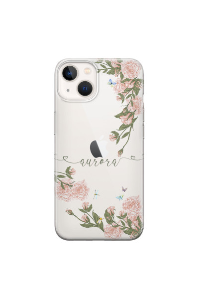 APPLE - iPhone 13 - Soft Clear Case - Pink Rose Garden with Monogram Green