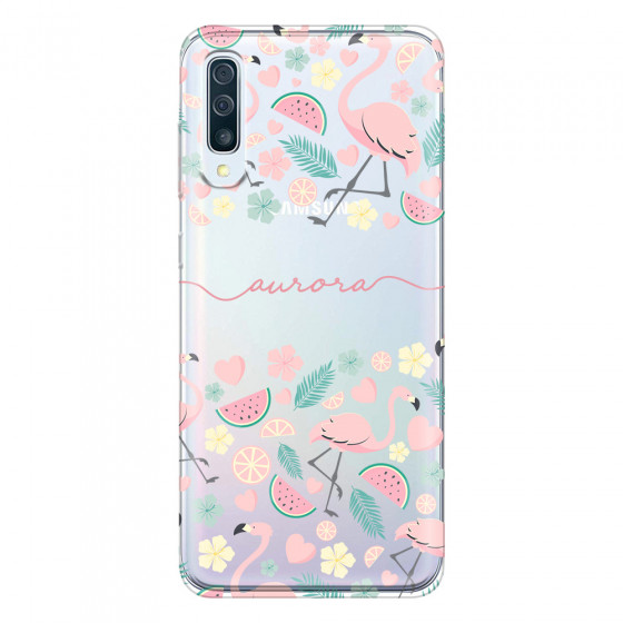 SAMSUNG - Galaxy A70 - Soft Clear Case - Clear Flamingo Handwritten