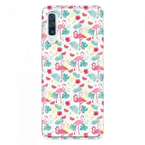 SAMSUNG - Galaxy A70 - Soft Clear Case - Tropical Flamingo II
