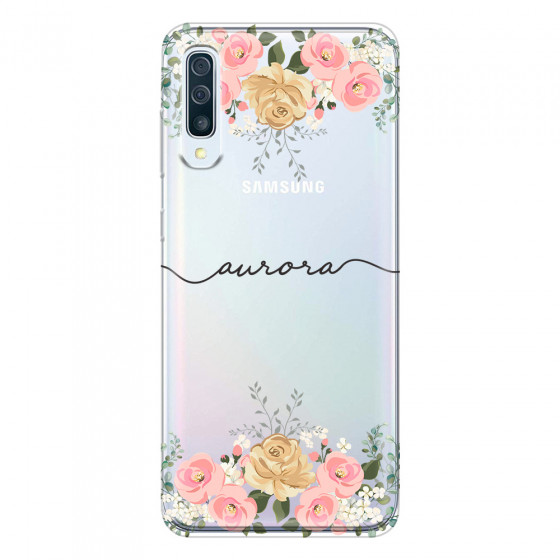 SAMSUNG - Galaxy A50 - Soft Clear Case - Dark Gold Floral Handwritten