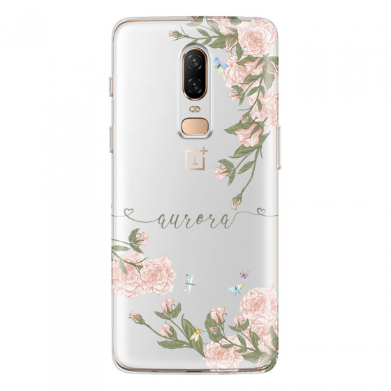 ONEPLUS - OnePlus 6 - Soft Clear Case - Pink Rose Garden with Monogram