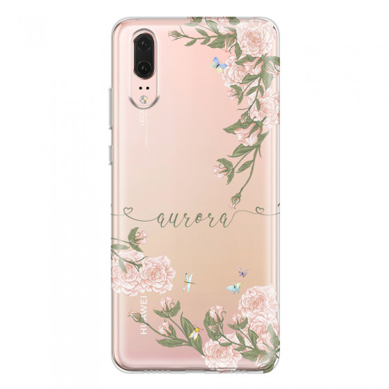 HUAWEI - P20 - Soft Clear Case - Pink Rose Garden with Monogram