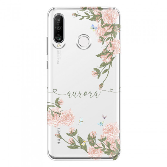 HUAWEI - P30 Lite - Soft Clear Case - Pink Rose Garden with Monogram