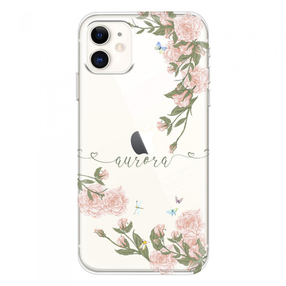 APPLE - iPhone 11 - Soft Clear Case - Pink Rose Garden with Monogram Green