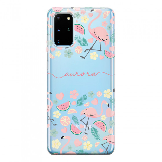 SAMSUNG - Galaxy S20 Plus - Soft Clear Case - Clear Flamingo Handwritten