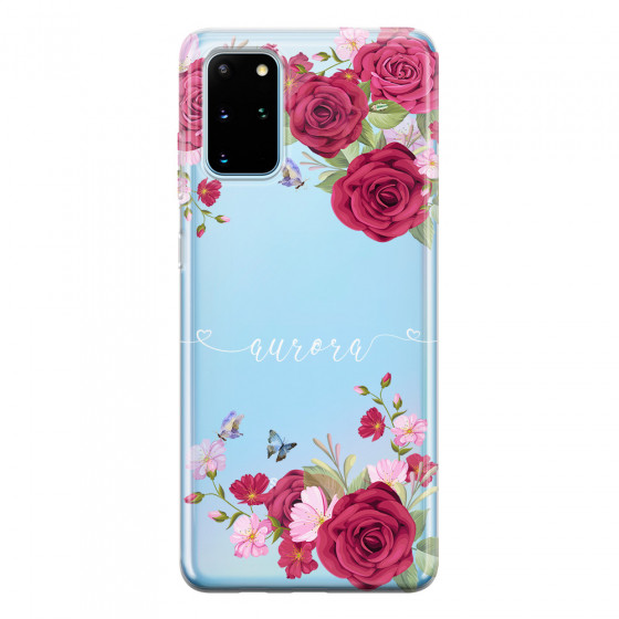 SAMSUNG - Galaxy S20 - Soft Clear Case - Rose Garden with Monogram White