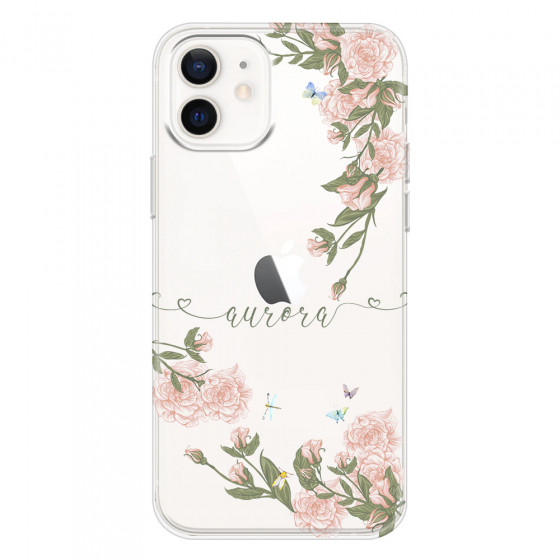APPLE - iPhone 12 Mini - Soft Clear Case - Pink Rose Garden with Monogram Green