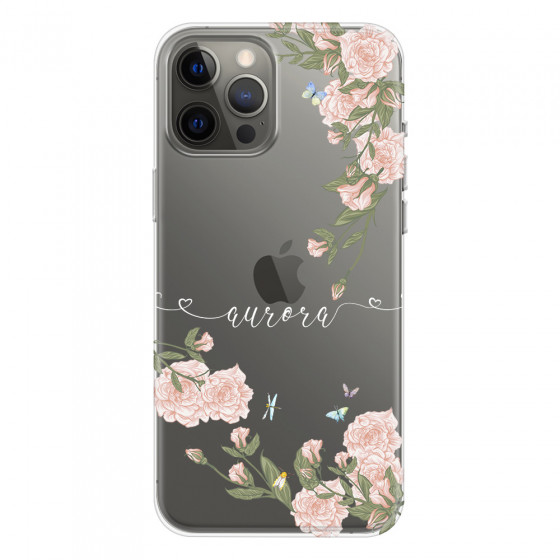 APPLE - iPhone 12 Pro Max - Soft Clear Case - Pink Rose Garden with Monogram White