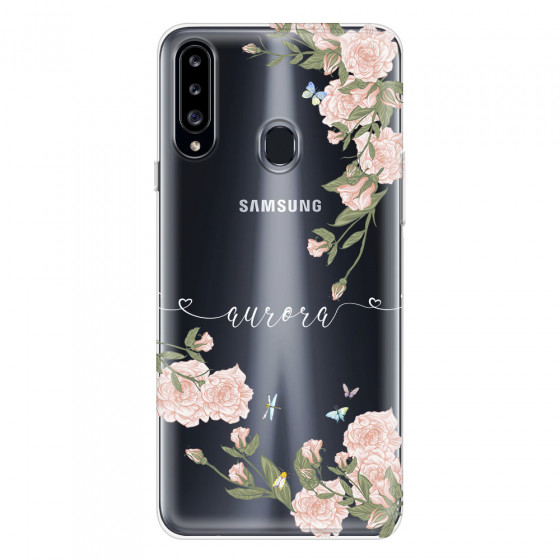 SAMSUNG - Galaxy A20S - Soft Clear Case - Pink Rose Garden with Monogram White