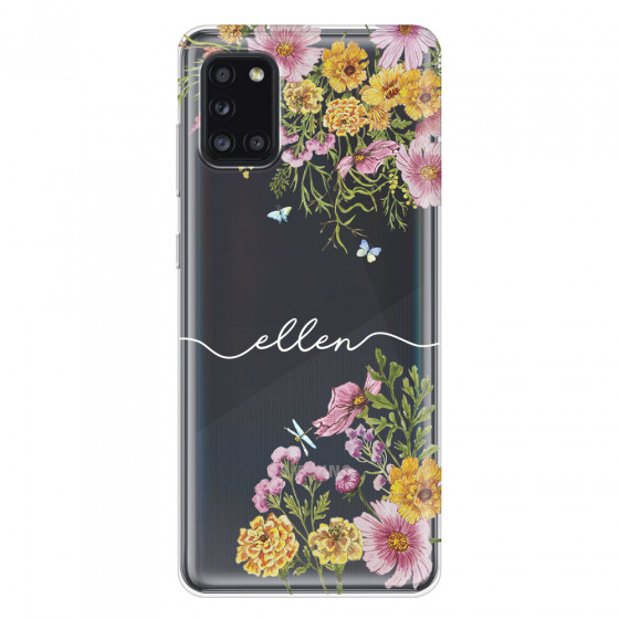SAMSUNG - Galaxy A31 - Soft Clear Case - Meadow Garden with Monogram White