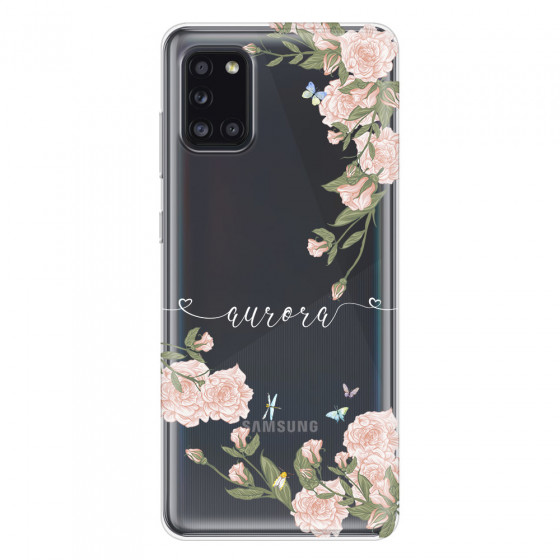 SAMSUNG - Galaxy A31 - Soft Clear Case - Pink Rose Garden with Monogram White