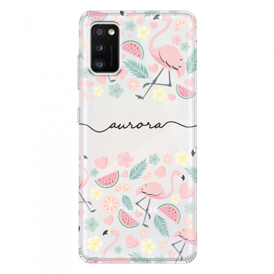 SAMSUNG - Galaxy A41 - Soft Clear Case - Clear Flamingo Handwritten Dark