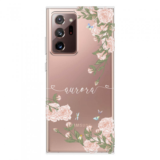 SAMSUNG - Galaxy Note20 Ultra - Soft Clear Case - Pink Rose Garden with Monogram White
