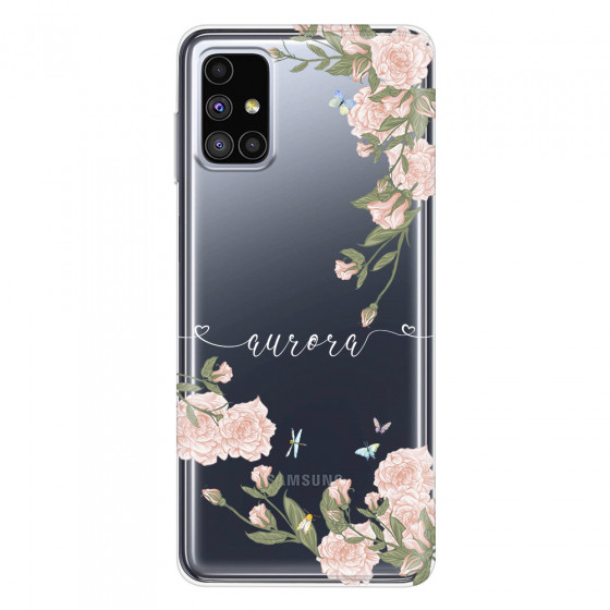 SAMSUNG - Galaxy M51 - Soft Clear Case - Pink Rose Garden with Monogram White