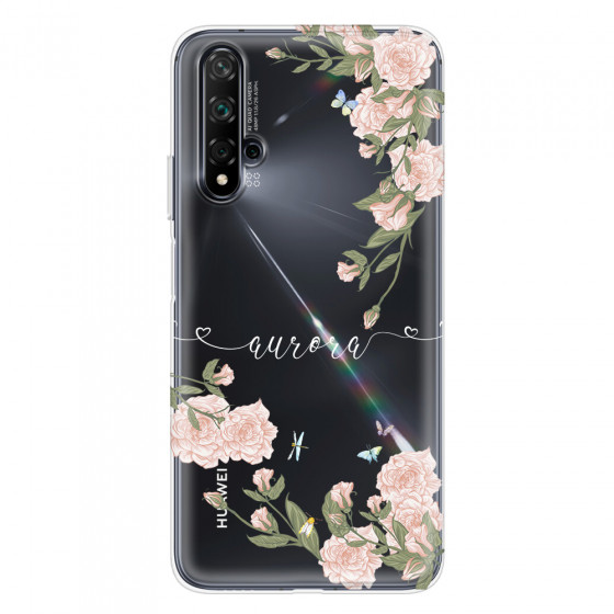 HUAWEI - Nova 5T - Soft Clear Case - Pink Rose Garden with Monogram White