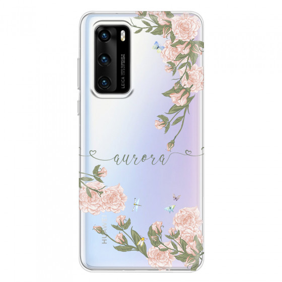 HUAWEI - P40 - Soft Clear Case - Pink Rose Garden with Monogram Green