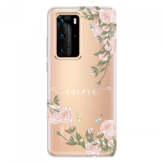 HUAWEI - P40 Pro - Soft Clear Case - Pink Rose Garden with Monogram White