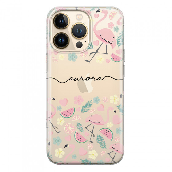 APPLE - iPhone 13 Pro - Soft Clear Case - Clear Flamingo Handwritten Dark
