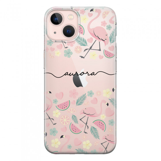 APPLE - iPhone 13 Mini - Soft Clear Case - Clear Flamingo Handwritten Dark