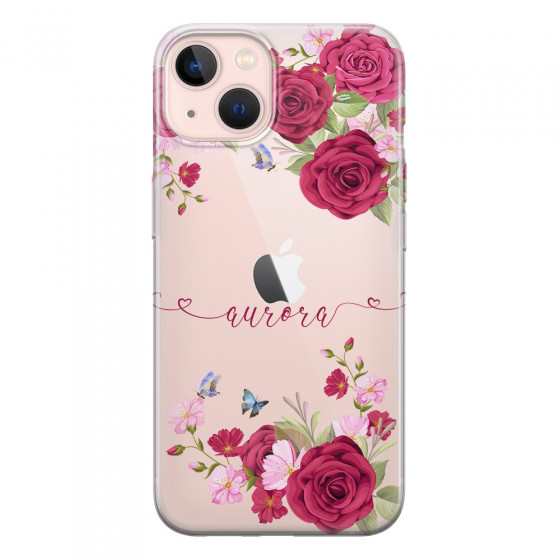 APPLE - iPhone 13 Mini - Soft Clear Case - Rose Garden with Monogram Red