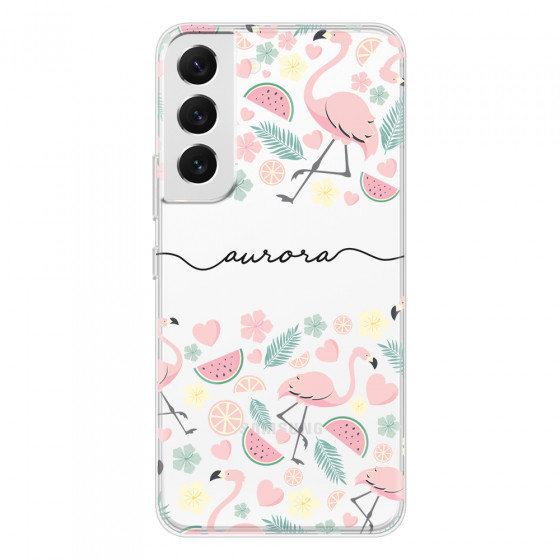 SAMSUNG - Galaxy S22 Plus - Soft Clear Case - Clear Flamingo Handwritten Dark